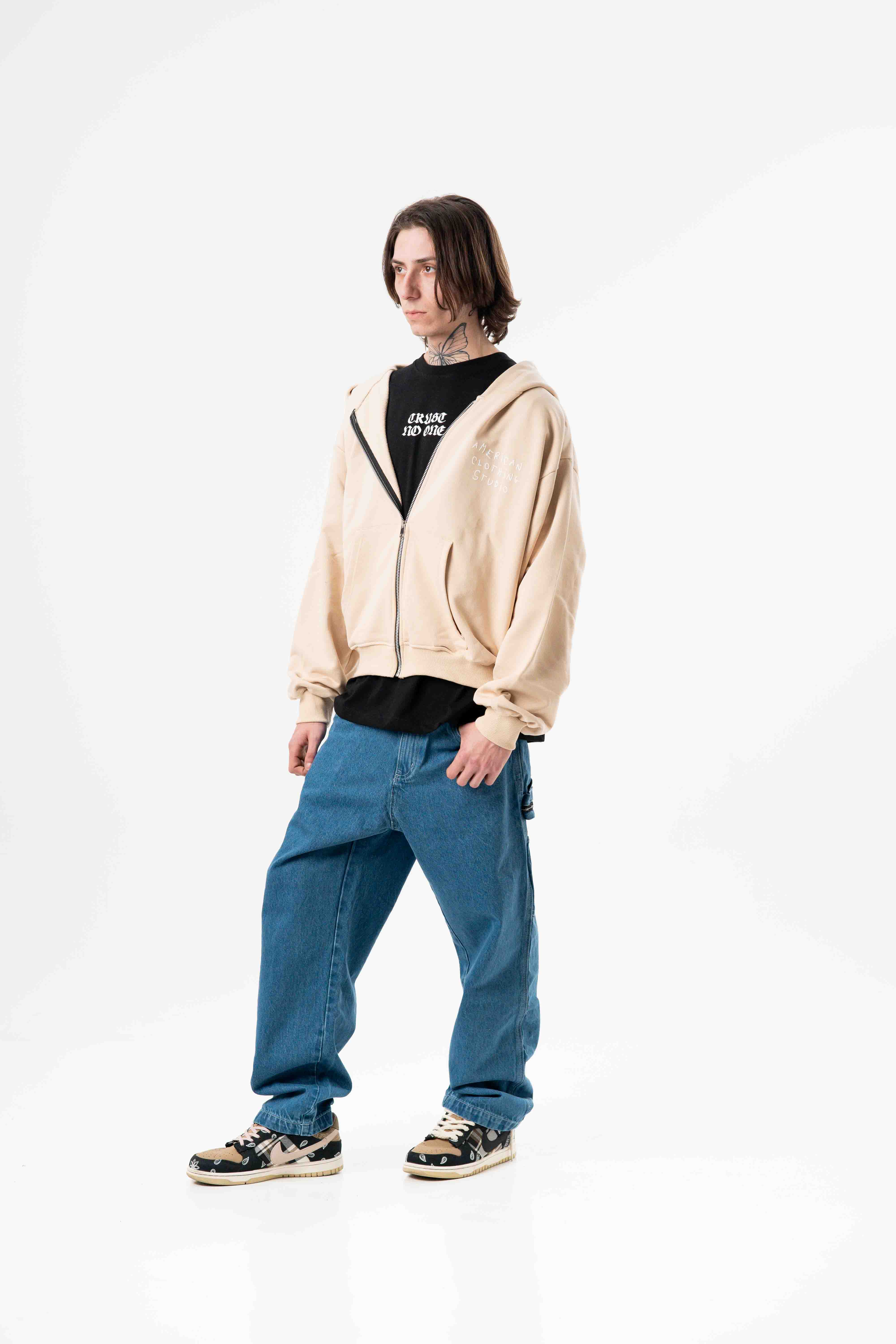 AMERICAN CLOTHING STUDIO - ZIP CROP HANGOVER LOGO - BEIGE