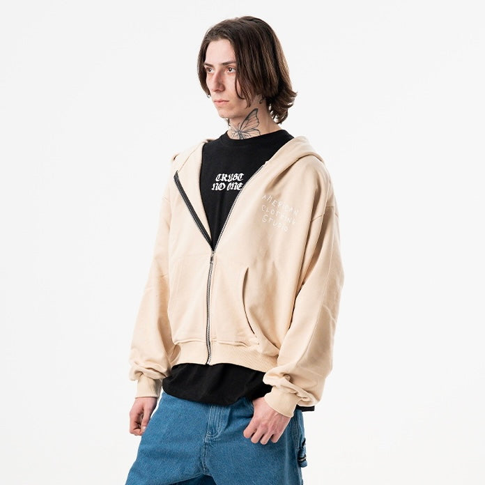 AMERICAN CLOTHING STUDIO - ZIP CROP HANGOVER LOGO - BEIGE