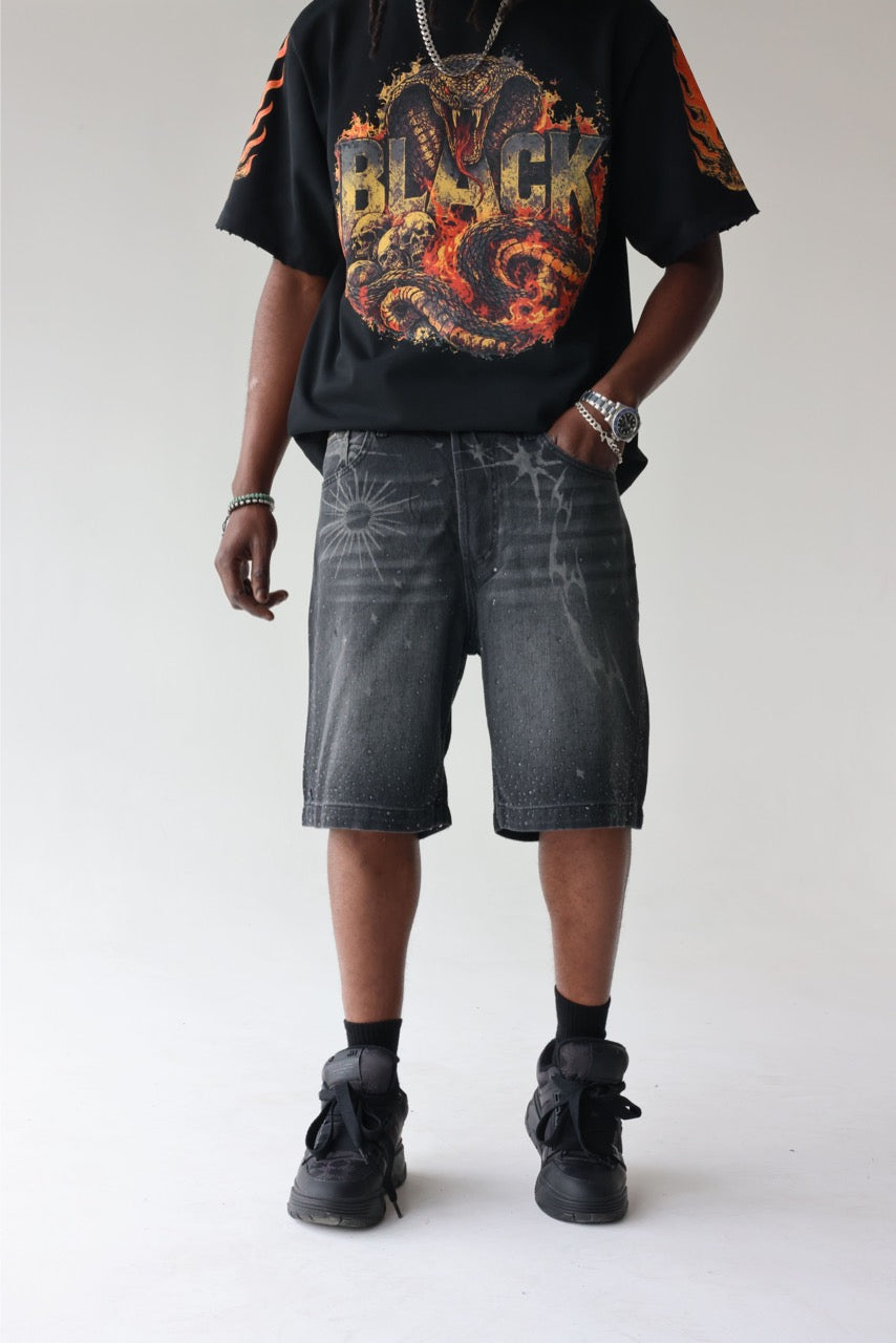 BLACK ISLAND - Shorts Printed Denim - NERO