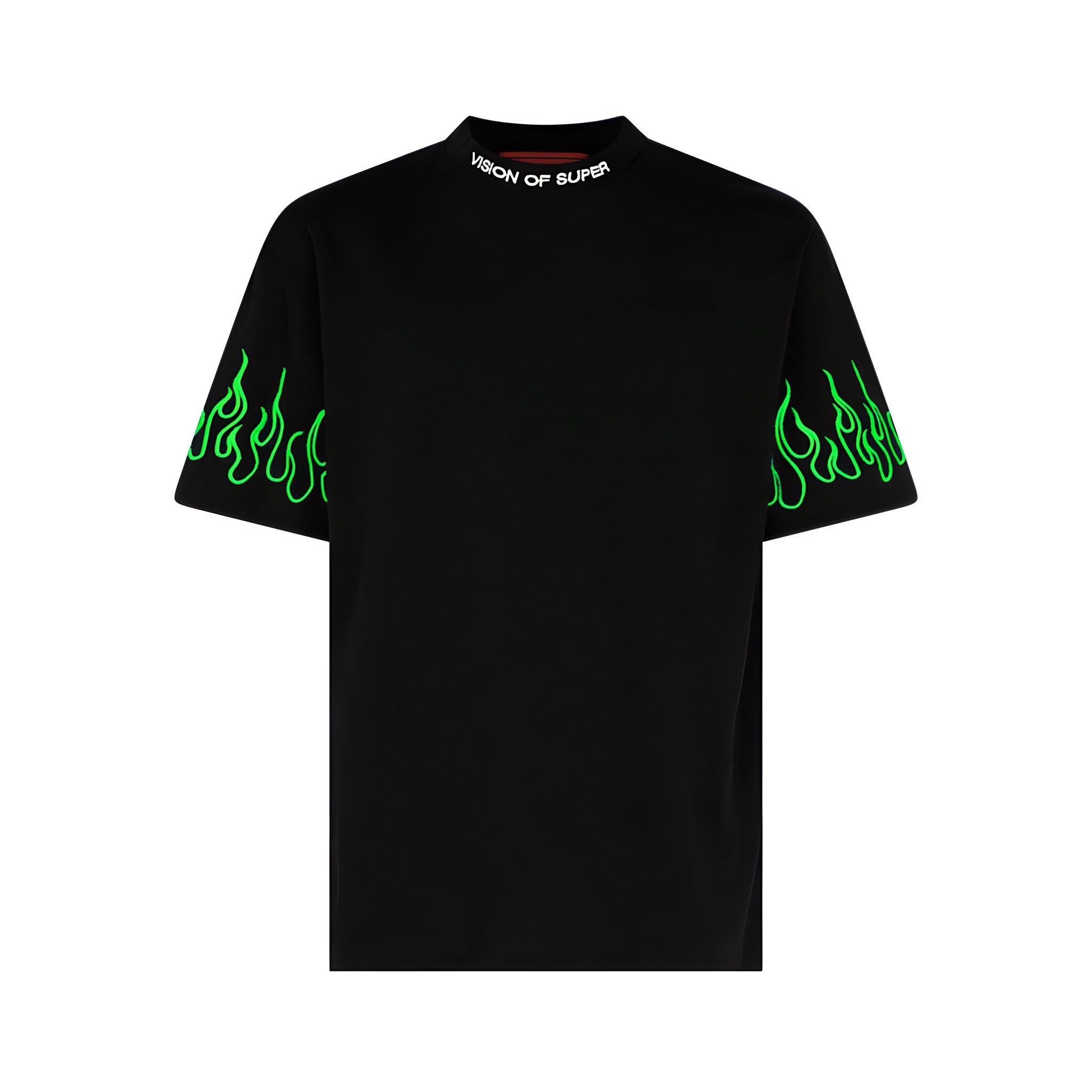 VISION - T-SHIRT WITH EMBROIDERED GREEN FLAMES AND WHITE - NERO