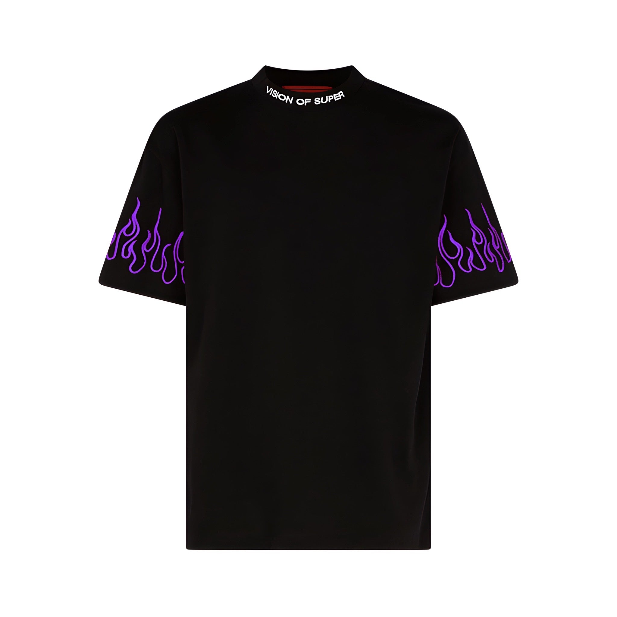 VISION - T-SHIRT WITH EMBROIDERED PURPLE FLAMES AND WHITE - NERO